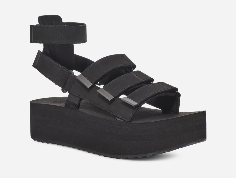 Black Teva Flatform Mevia Leather Women's Platform Sandals | Ireland-9657