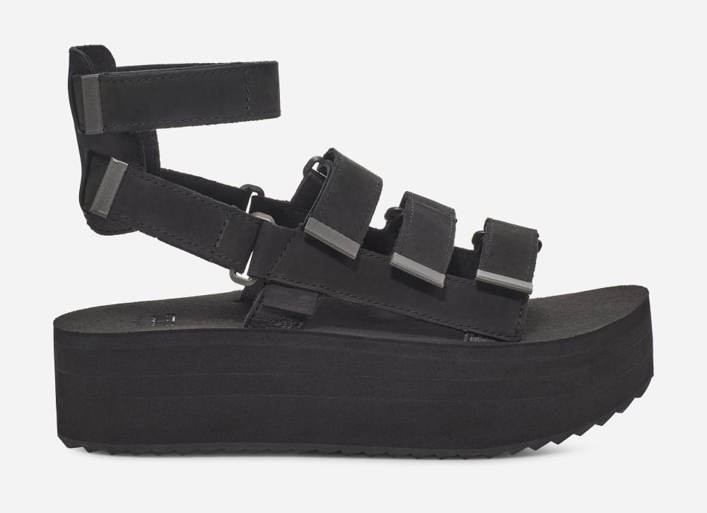 Black Teva Flatform Mevia Leather Women\'s Platform Sandals | Ireland-9657